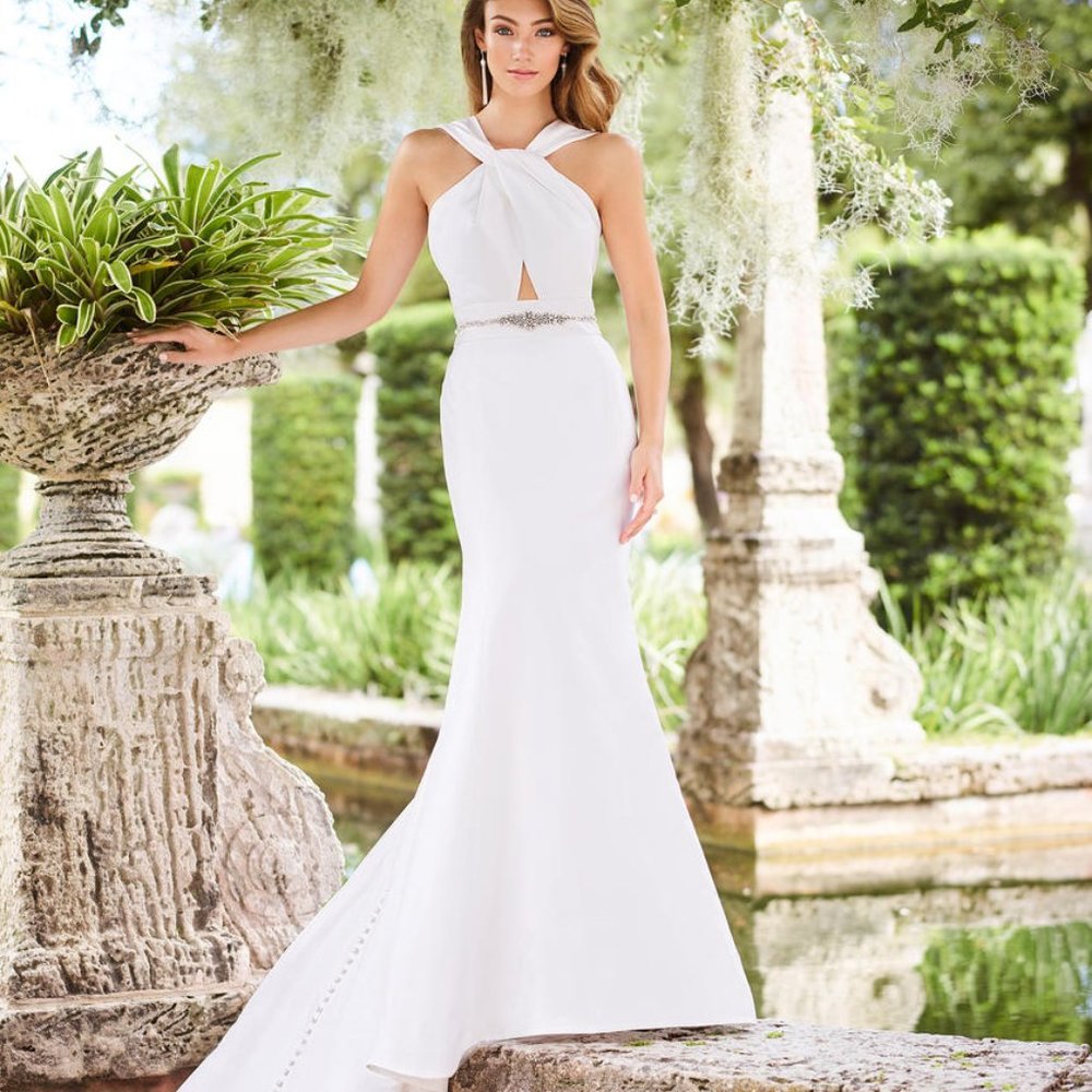 Sample Plunging Wedding Dress, White, PUT A LEG SLIT, Sexy Fit & Flare, Unique